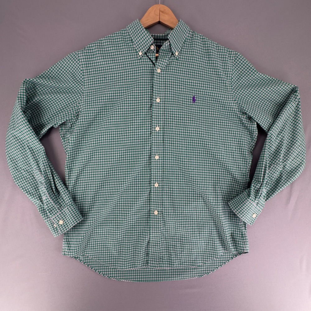 Polo Ralph Lauren Mens Green White Check Non-Iron Cotton Button Down Shirt Large